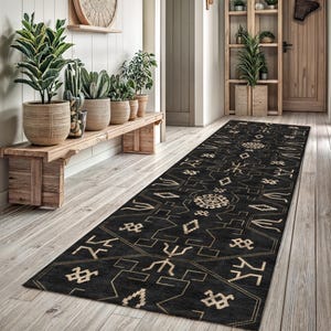 Svart Boho Runner Matta: Tribal Geometrisk, Tvättbar Hallmatta