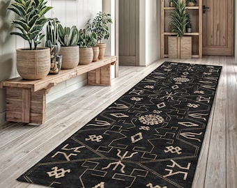 Black Boho Runner Rug, Washable Long Hallway Rug, Tribal Geometric Rug, Soft Non Slip Rug, Farmhouse Entryway, Kitchen Or Bedroom Rug