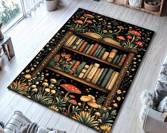 Mushroom Botanical Rug: Whimsical Dark Academia Decor