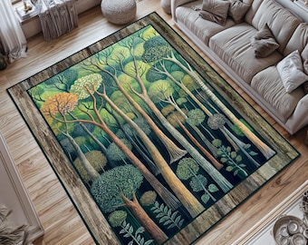 Tree of Life Area Rug: Bohemian Rustic William Morris Style, Non-Slip Washable