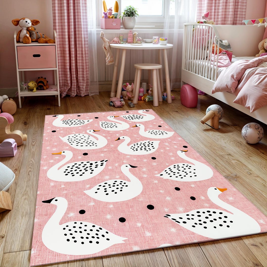 Pink Swan Nursery Rug: Girl's Room Decor, Digital Print - Etsy