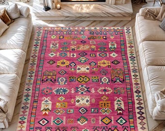 Pink Washable Digital Print Rug - Modern Gabbeh Kilim Style