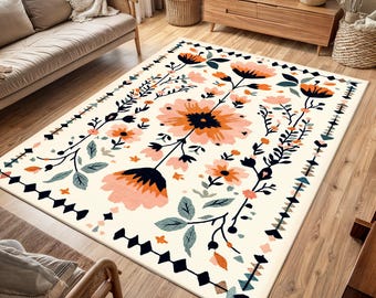 Vintage Botanical Floral Rug: Washable Vibrant Flower Home Decor