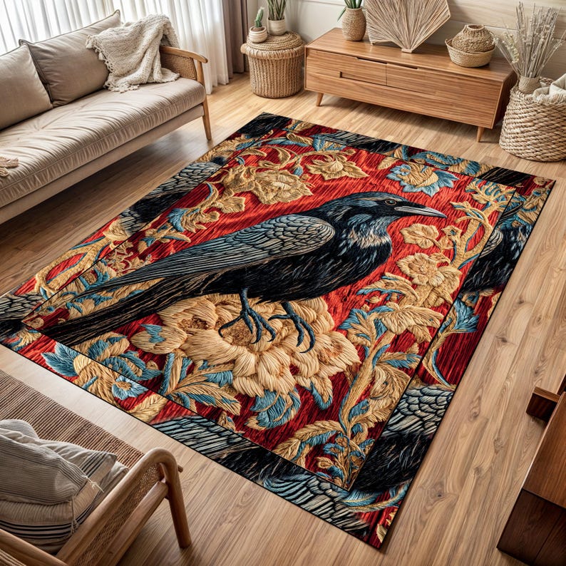 Vintage Look Crow Rug: Gothic Floral Decor - Etsy