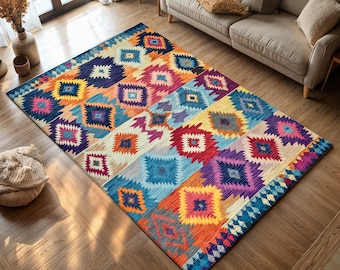 May include: A colorful geometric rug with a diamond pattern in shades of blue, red, yellow, orange, and purple. The rug has a fringe border.