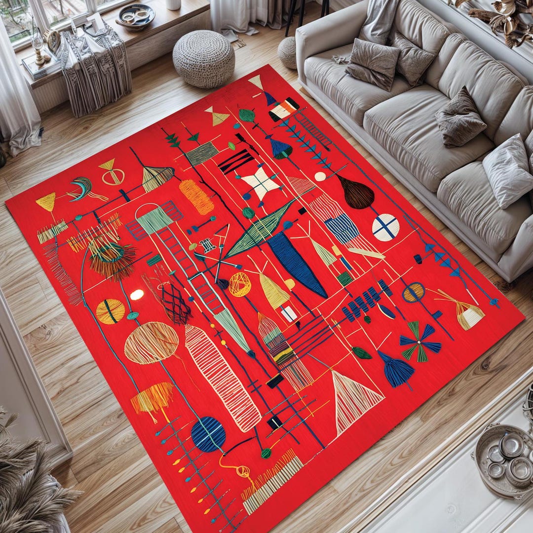 Joan Miro Rug, Red Rug Large, Red Rug Unique, Contemporary Rug Colorful ...
