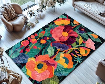 Vintage Botanical Floral Rug: Washable Vibrant Flower Decor