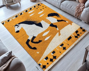 Horse Print Rug: Mustard Yellow Bohemian Farmhouse Decor
