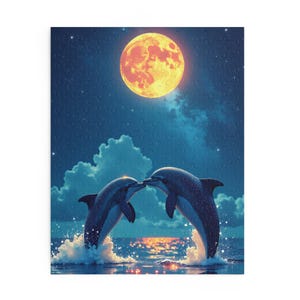 Puzzle (120, 252, 500-Piece) - Dolphin and Parent Under Starry Sky, Rainbow Reflection, Holographic Brilliance.