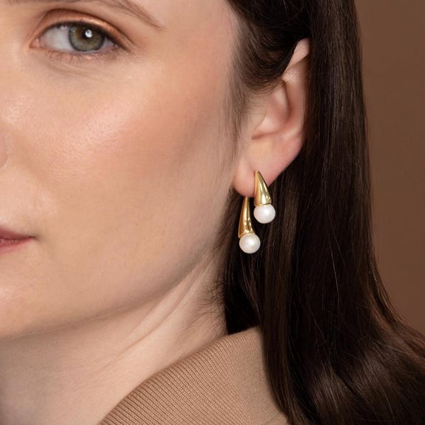 14K Gold Plated Pearl Ear Jacket Earrings: Teardrop Studs, Molten Jewellery
