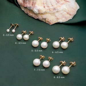 May include: A selection of gold pearl earrings in different sizes, from 3-3.5 mm to 8-8.5 mm. The earrings are presented on a dark green surface, with a seashell in the background. Each pair features a gold post and a round, white pearl.