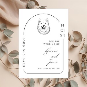 Chien samoyède, modèle d'invitation réservez une date, réservez la date minimaliste, modèle modifiable, imprimable moderne, téléchargement immédiat, Canva