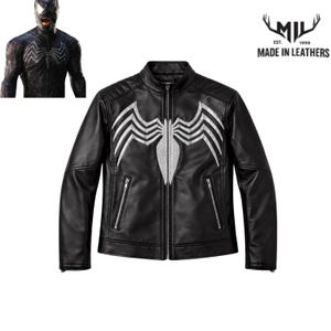 May include: Black leather jacket featuring a silver spider emblem on the front. The jacket has a zip closure and two pockets. The image also shows a character in a black suit with a similar design.