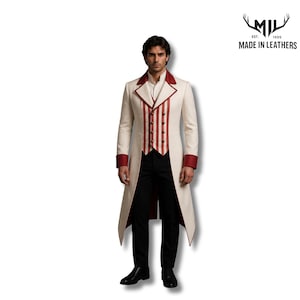 May include: Cream-colored long coat with red trim and vertical stripes on the vest. The coat features a notched lapel and is paired with black pants and shoes. The logo "MADE IN LEATHERS" is in the upper right corner.