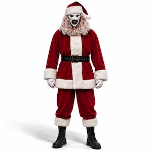 May include: A Santa Claus costume featuring a red velvet jacket and trousers with white faux fur trim. The outfit includes a black belt with a gold buckle, white gloves, and a matching red hat. A white mask with a sinister expression and long hair.