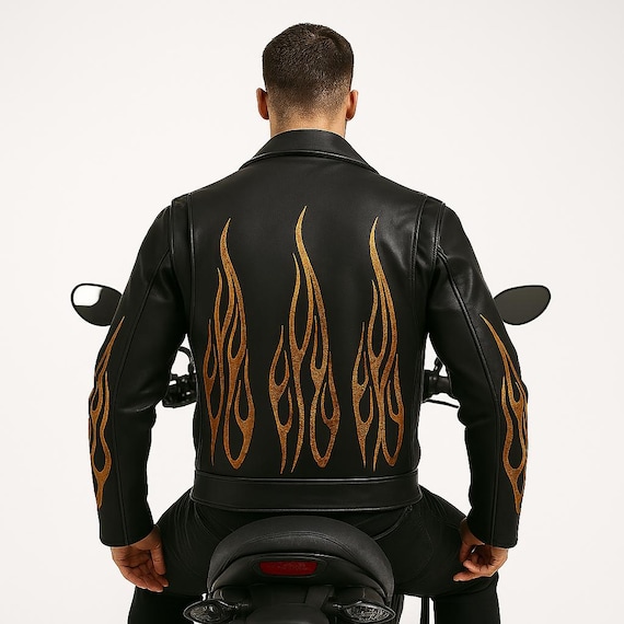 Flame Embroidered Leather Biker Jacket: Retro Moto Soft Cowhide