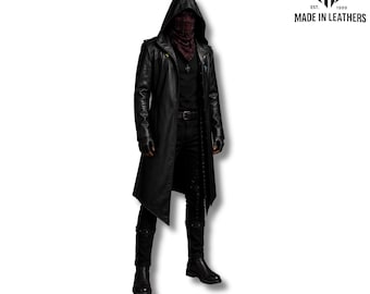 Men's Assassin Leather Coat, Real Leather Hooded Trench Coat, Gothic Cosplay Jacket, Removable Back Belt, Fantasy Rogue Coat