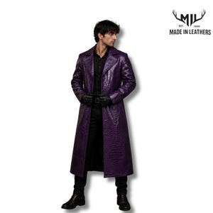 Men's Purple Crocodile Leather Trench Coat | Long Gothic Leather Coat | Luxury Embossed Statement Jacket | Handmade Cosplay Coat