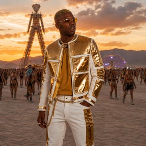 May include: A metallic gold and white jacket with a structured panel design, worn over a mustard yellow shirt with white trousers featuring gold side panels. The outfit includes gold-tinted sunglasses and a layered gold chain necklace.