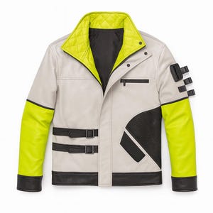 May include: A light grey leather jacket with neon yellow sleeves and collar. The jacket features black accents, a quilted collar lining, and multiple buckle details. A black mesh panel is on the front.