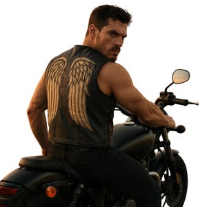 Handmade Men’s Black Angel Wings Leather Vest – Real Leather Biker Vest for Cosplay, Costume, or Streetwear Fashion
