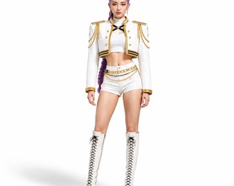 May include: A white cropped military-style jacket with gold epaulettes and trim, paired with a white crop top, white shorts, and a gold chain belt. The outfit is completed by white knee-high lace-up boots. The ensemble features structured shoulders.