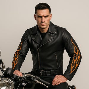Peut inclure: Veste de motard en cuir noir avec des flammes orange sur les manches. La veste présente une fermeture éclair asymétrique, un col cranté et une taille ceinturée. Le modèle est assis sur une moto noire.