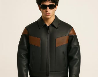 Men's Colorblock Leather Moto Jacket Handmade Cowhide Biker Coat
