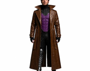 May include: A long brown trench coat worn over a purple and black chest piece, black trousers, and black boots. The outfit includes black fingerless gloves and a dark headband. The coat features a wide collar, structured shoulders, and a belted waist.
