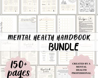 May include: A pink and white digital printable mental health handbook bundle with over 150 pages. The bundle includes a variety of worksheets, trackers, and activities to help improve mental well-being. The text "Mental Health Handbook Bundle" is in large, bold letters at the top of the image. The text "Created by a Mental Health Professional" is in a pink circle at the bottom right of the image.
