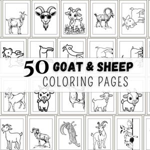 May include: A collection of 50 coloring pages featuring black and white line art illustrations of various goats and sheep in different poses and styles, with the text 50 GOAT & SHEEP COLORING PAGES centered across the middle of the image.