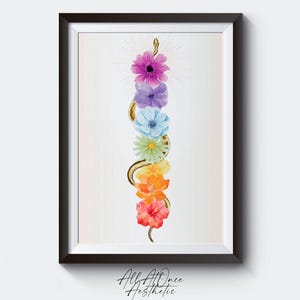 May include: A digital illustration of a gold snake with a rainbow of flowers on its body. The flowers are in a vertical line, starting with a pink flower at the top and ending with a red flower at the bottom. The snake is surrounded by a white background.