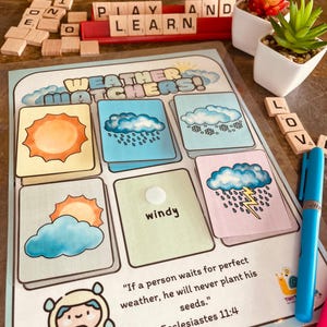 Activité de correspondance météo pour les enfants | Carte météo imprimable avec verset biblique | PDF 8,5 x 11 pouces pour plastification et apprentissage