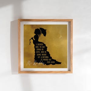 Impressão de Emma Woodhouse apaixonada, pôster vintage de senhora, arte em aquarela dourada, arte de parede com citação do Sr. Knightley, decoração literária de Jane Austen