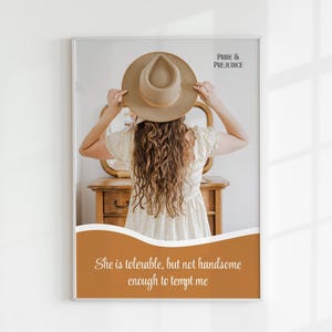 Impresión tolerable pero no atractiva, obra de arte encantadora de Orgullo y prejuicio, póster de Jane Austen, arte de pared con cita de la Regencia, decoración de literatura inglesa