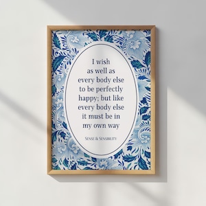 Arte de parede com citação sobre felicidade, estampa com padrão botânico, arte vintage de Razão e Sensibilidade, pôster charmoso de Jane Austen, decoração de literatura inglesa