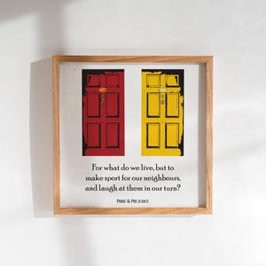 Impressão de portas coloridas da Inglaterra, pôster engraçado, arte humorística de Orgulho e Preconceito, arte de parede com citações espirituosas de Jane Austen, decoração de literatura inglesa