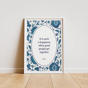 Happiness Zitat Wandkunst, Blaues Blumenmuster Druck, Elegante Emma Vintage Kunstwerk, Jane Austen Freundschaft Poster, englische Literatur Dekor