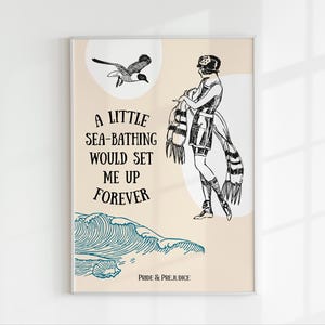 Impressão de banho de mar, pôster de praia, arte costeira de Orgulho e Preconceito, arte de parede com citações de Jane Austen, decoração de literatura inglesa, cartão vintage