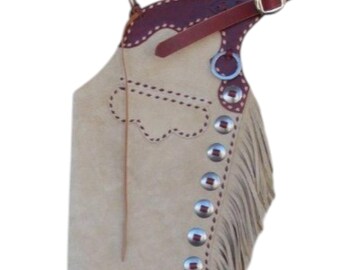 Handmade Western Leather Chaps – Suede Cowboy Rodeo Chinks with Fringe & Conchos