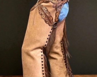Handcrafted Western Leather Chaps – Tooled Leather, Fringe Detailing, Cowboy Rodeo Gear