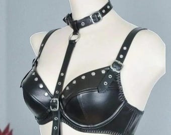Bondage-Inspired Black Faux Leather Lingerie Set Adjustable Harness & Strappy Belt Details