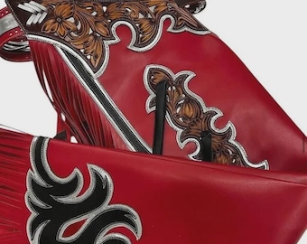 Handgemaakte rode leren rodeo-kieren – westerncowboychaps met franje en gereedschap