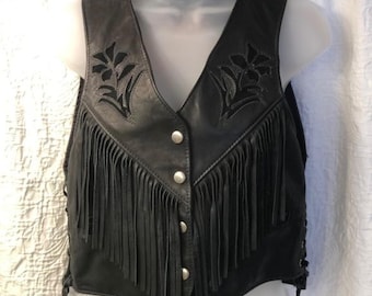 Vintage Black Leather Fringe Vest – Western Style with Floral Cutout Design