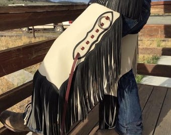 Custom Handmade Leather Rodeo Chaps – Western Fringe Chinks with Tooled Design