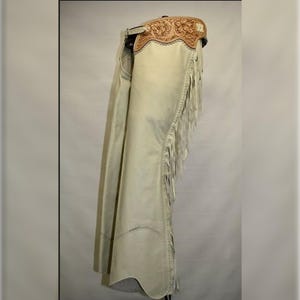 Cream Leather Fringe Chaps – Western Rodeo Cowboy Cowgirl Outfit