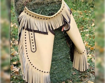 Ręcznie robione skórzane czapsy z frędzlami w stylu western