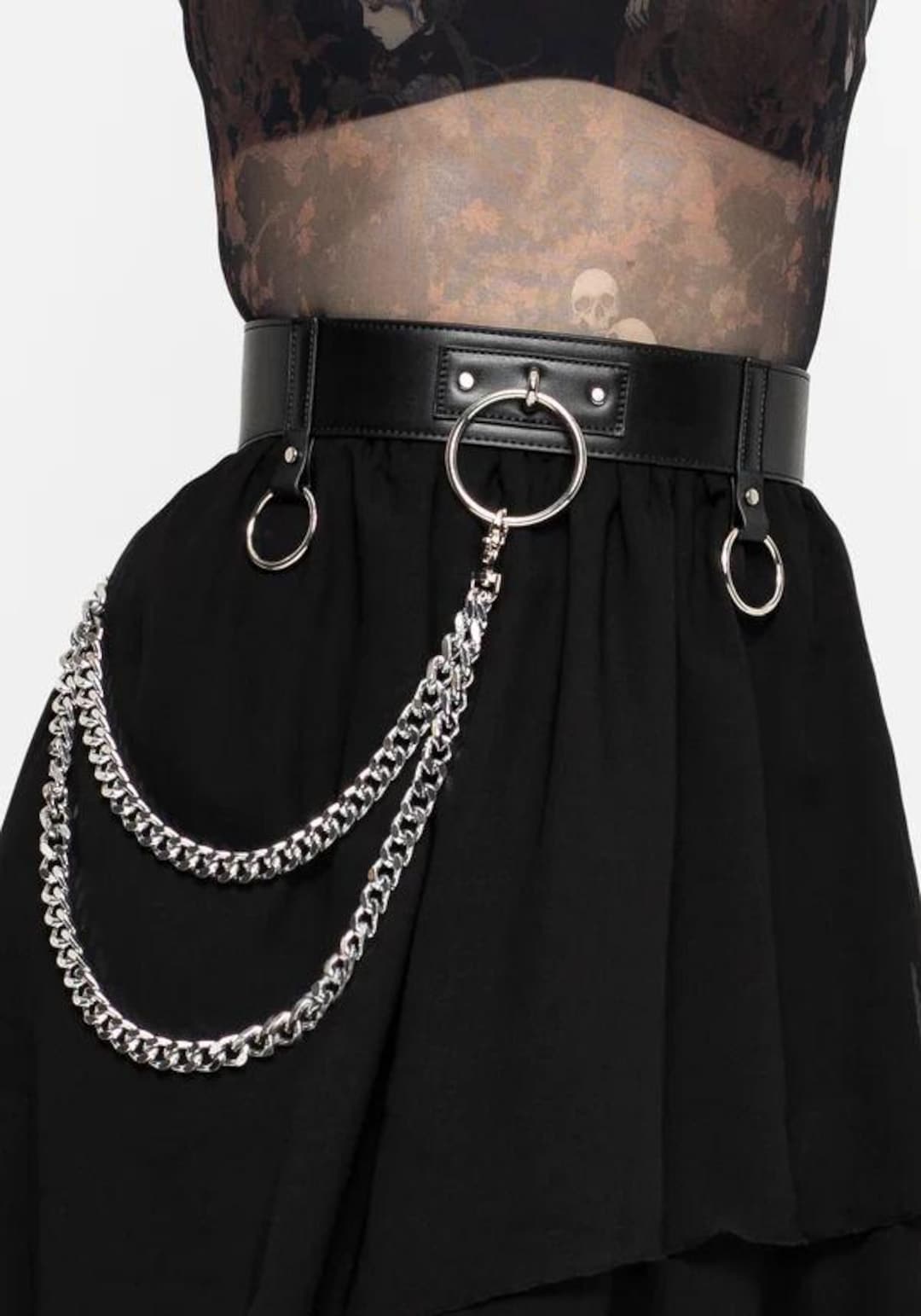 Gothic O-ring Belt: Black Faux Leather Silver Chain, Emo Punk