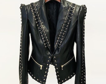 Chaqueta de cuero negra con cordones para mujer / Blazer de diseño / Abrigo punk rock ajustado