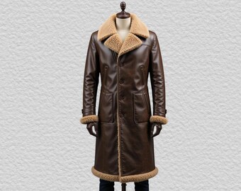 Men Long Classic Shearling-Lined Leather Trench